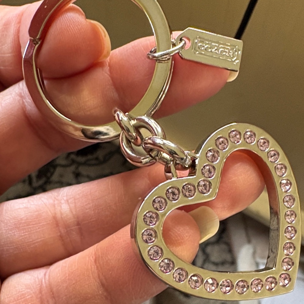 Coach Silver Heart Keychain with Pink Crystals